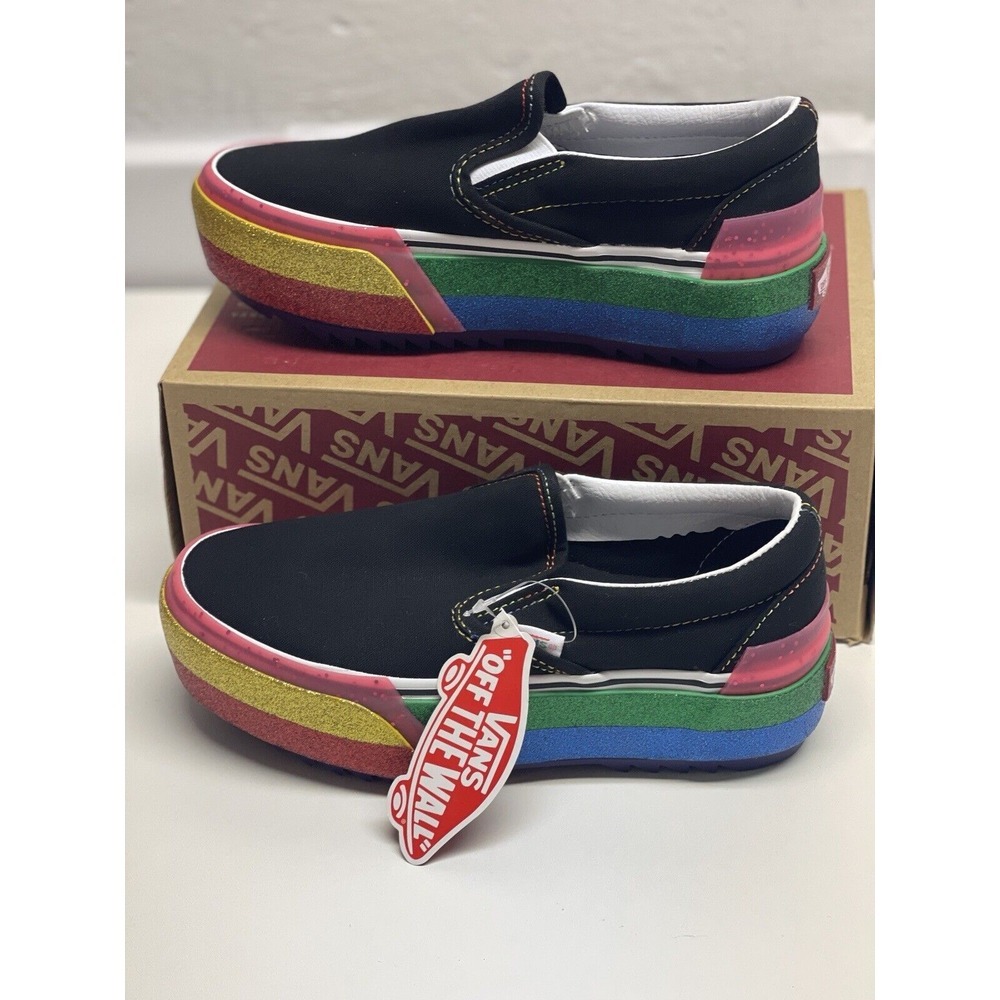 Vans Sneaker Classic Slip On Platform Glitter Black Rainbow Women 5 Pride‎ New